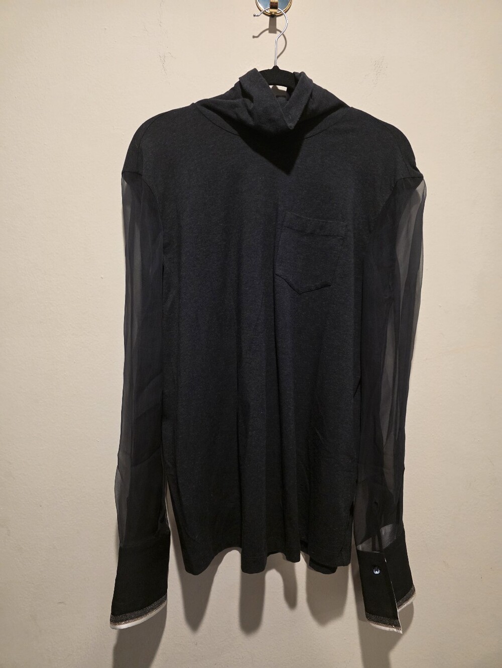 Charcoal Sheer-Sleeve Turtleneck Top